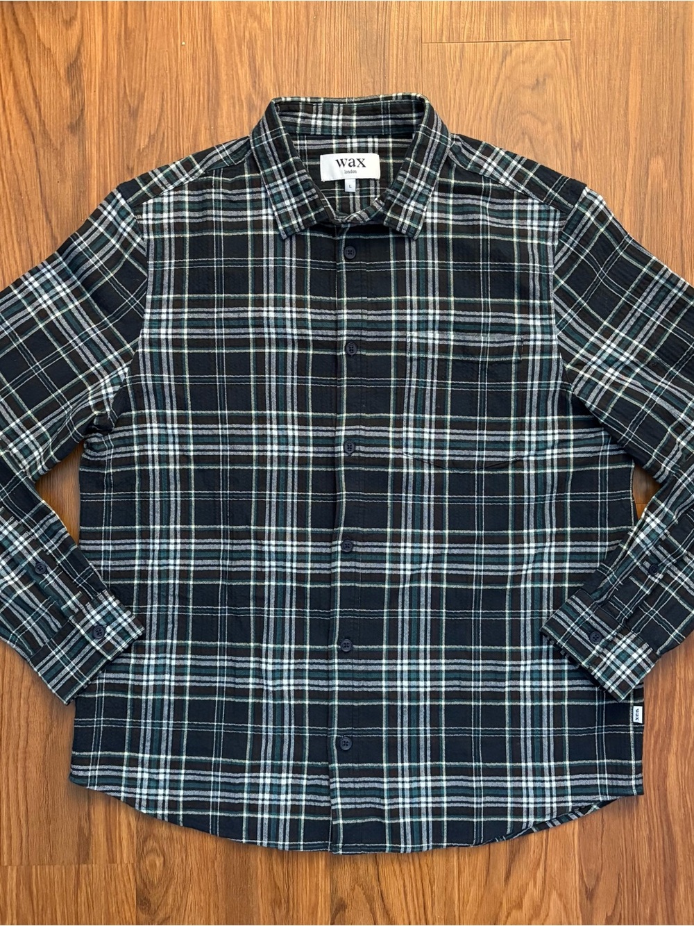 Wax London Plaid Shirt Mens Shelly Seersucker Navy Flannel Button Up Size Large